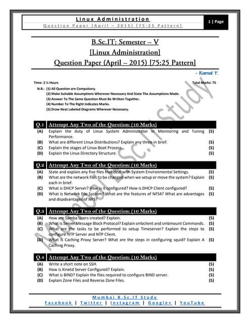 [Question Paper] Linux Administration (75:25 Pattern) [April / 2015]