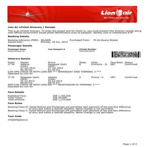 Lion air e ticket  Mr. Hendrik Wadu