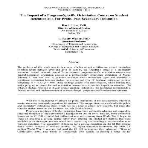 Lipe, david the impact of a program specific orientation course focus v7 n1 2013