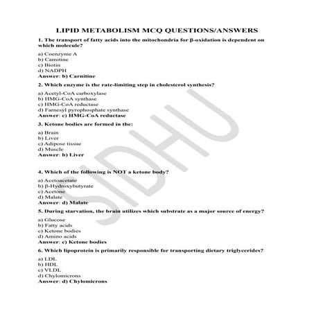 LIPID METABOLISM MCQ QUESTIONS/ ANSWERS pdf