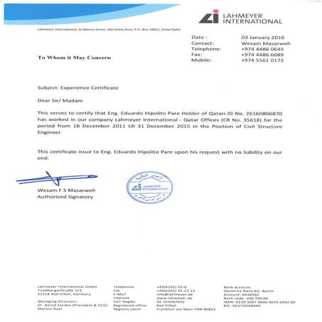 EDUARDO H. PARE WORK EXPERIENCE CERTIFICATE – LAHMEYER INTERNATIONAL QATAR (2...