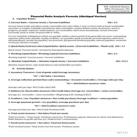 FINANCIAL RATIO ANALYSIS FORMULAS....... | PDF