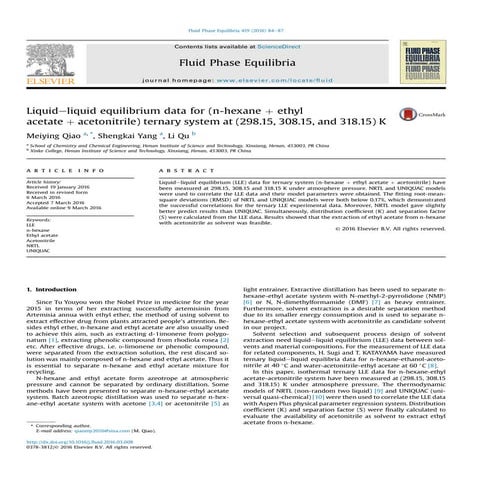 Liquid liquid equilibrium data for n hexane ethylacetate acetonitrile ternay ...