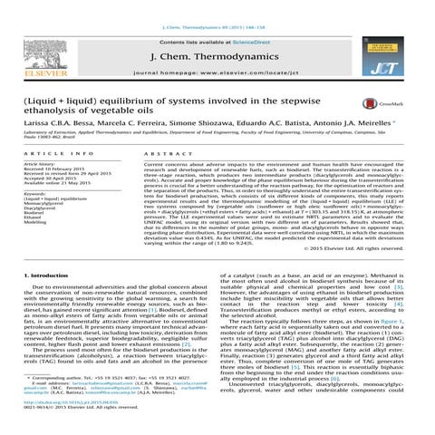 (Liquid liquid) equilibrium of systems involved in the stepwise ethanolysis o...
