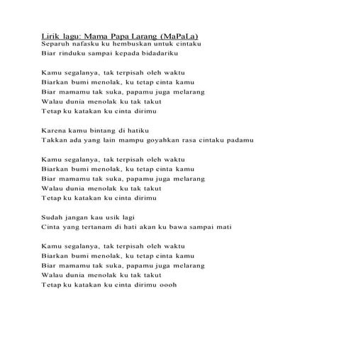 Lirik Lagu Mama Papa Larang Ma Pala Docx
