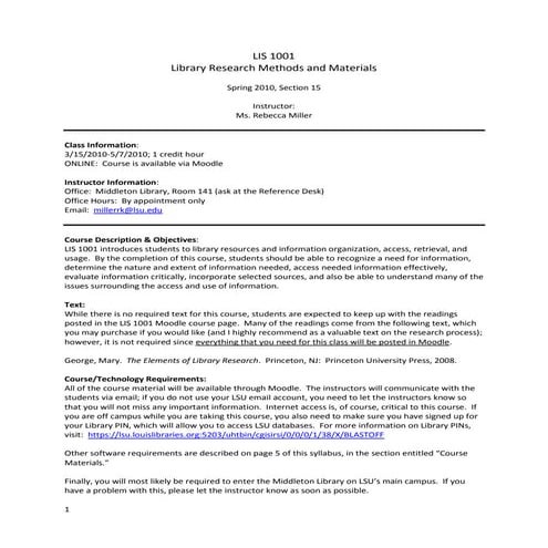 LIS 1001:  Introduction to Research Methods & Materials Syllabus