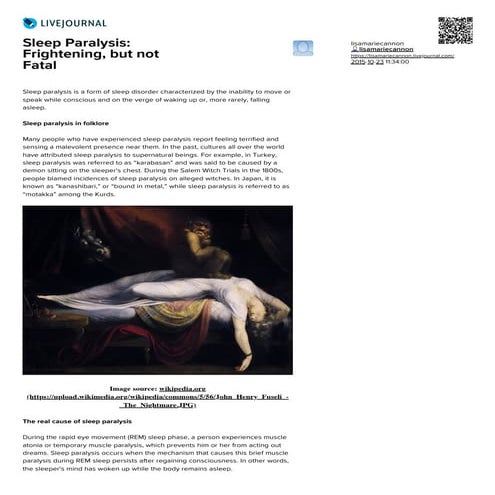 Sleep Paralysis: Frightening, but not Fatal
