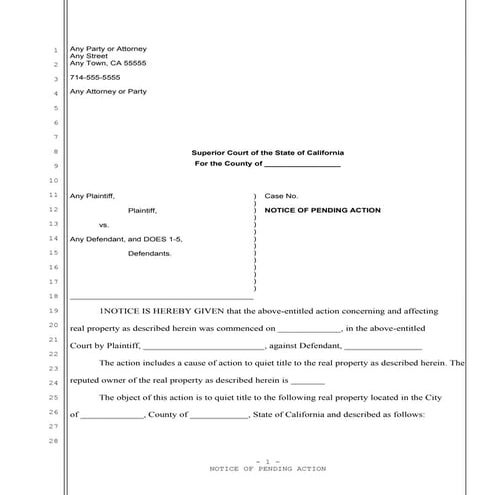 Sample California Lis pendens or notice of pending action | DOC