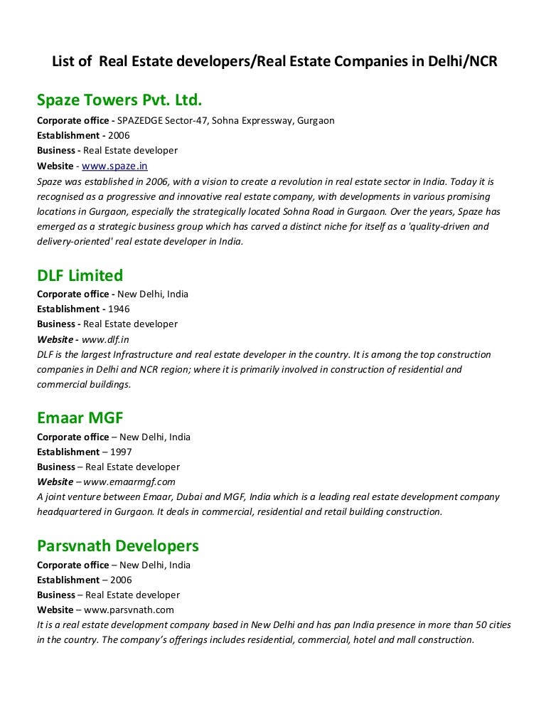 List of Real Estate developers/Real Estate Companies in Delhi/NCR