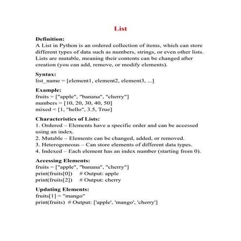 Comprehensive Guide to Python Lists: Syntax, Operations, and Examples | PDF
