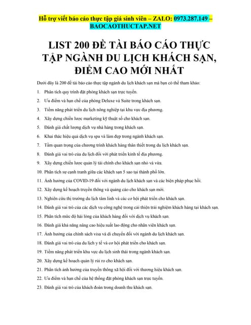 List 200 Đề Tài Báo Cáo Thực Tập Ngành Du Lịch Khách Sạn, Điểm Cao Mới Nhất