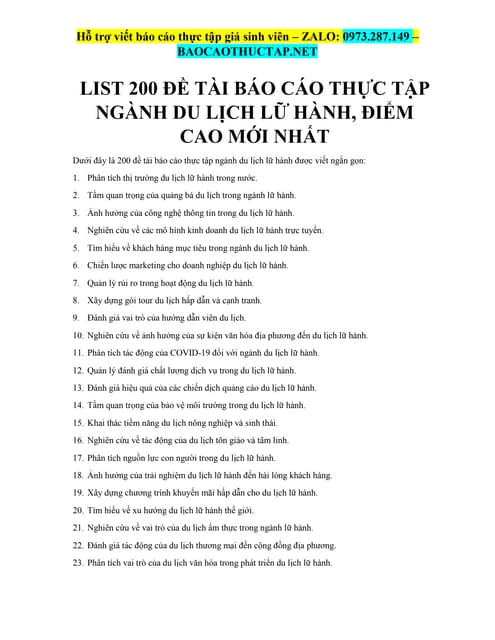 List 200 Đề Tài Báo Cáo Thực Tập Ngành Du Lịch Lữ Hành, Điểm Cao Mới Nhất