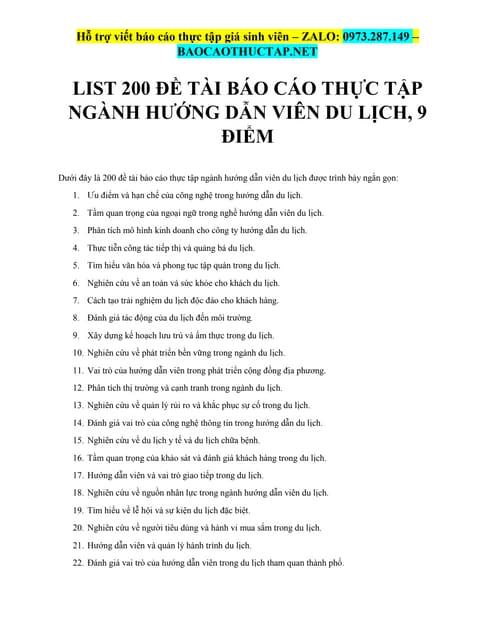 List 200 Đề Tài Báo Cáo Thực Tập Ngành Hướng Dẫn Viên Du Lịch, 9 Điểm
