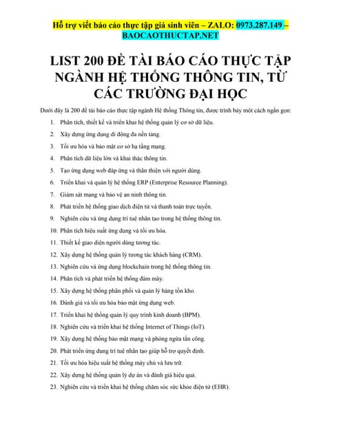 List 200 Đề Tài Báo Cáo Thực Tập Ngành Hệ Thống Thông Tin, Từ Các Trường Đại Học