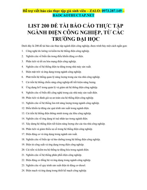List 200 Đề Tài Báo Cáo Thực Tập Ngành Điện Công Nghiệp, Từ Các Trường Đại Học