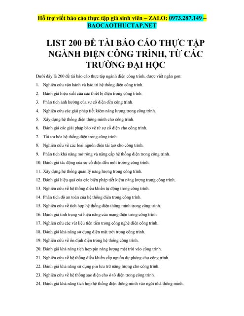 List 200 Đề Tài Báo Cáo Thực Tập Ngành Điện Công Trình, Từ Các Trường Đại Học