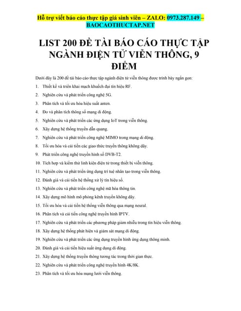List 200 Đề Tài Báo Cáo Thực Tập Ngành Điện Tử Viễn Thông, 9 Điểm