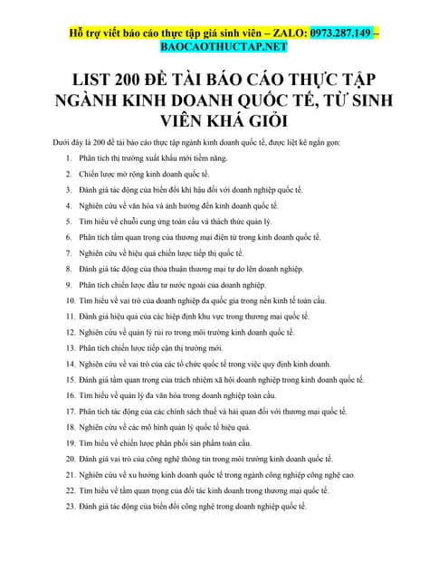 List 200 Đề Tài Báo Cáo Thực Tập Ngành Kinh Doanh Quốc Tế, Từ Sinh Viên Khá Giỏi