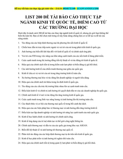 List 200 Đề Tài Báo Cáo Thực Tập Ngành Kinh Tế Quốc Tế, Điểm Cao Từ Các Trường Đại Học