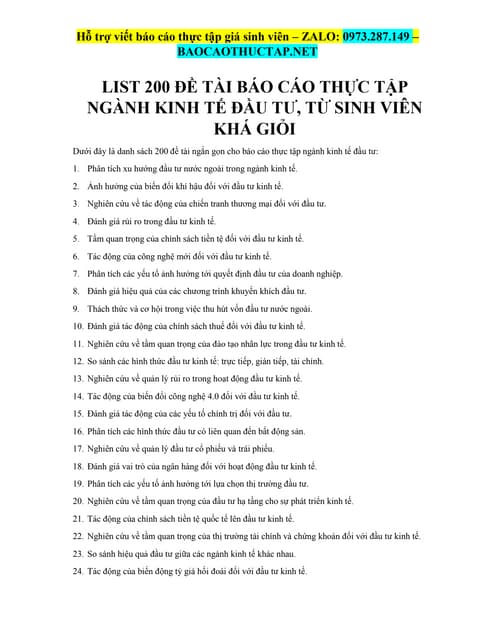 List 200 Đề Tài Báo Cáo Thực Tập Ngành Kinh Tế Đầu Tư, Từ Sinh Viên Khá Giỏi