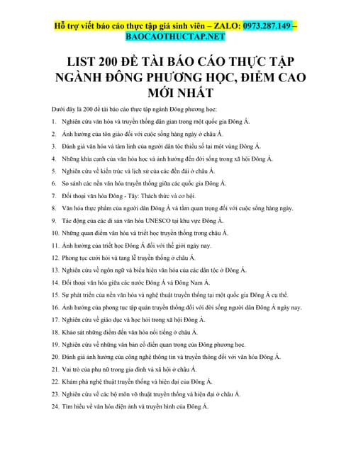 List 200 Đề Tài Báo Cáo Thực Tập Ngành Đông Phương Học, Điểm Cao Mới Nhất