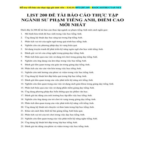 List 200 Đề Tài Báo Cáo Thực Tập Ngành Sư Phạm Tiếng Anh, Điểm Cao Mới Nhất