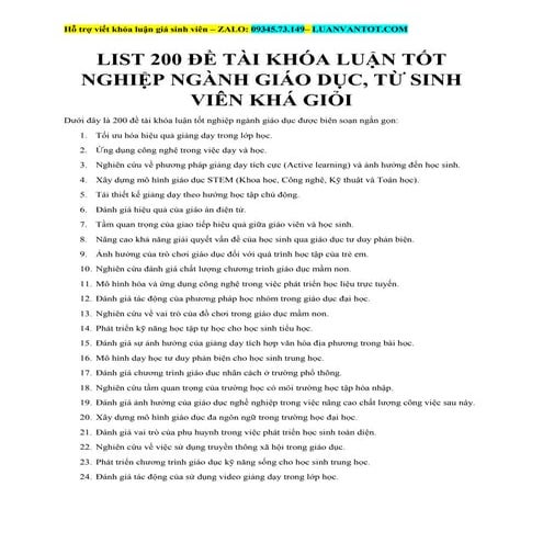 List 200 Đề Tài Khóa Luận Tốt Nghiệp Ngành Giáo Dục, Từ Sinh Viên Khá Giỏi
