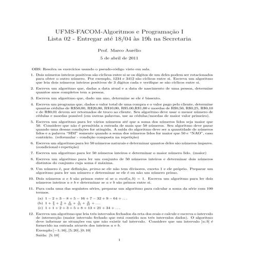Lista de Exercício de Algoritmo e Programação