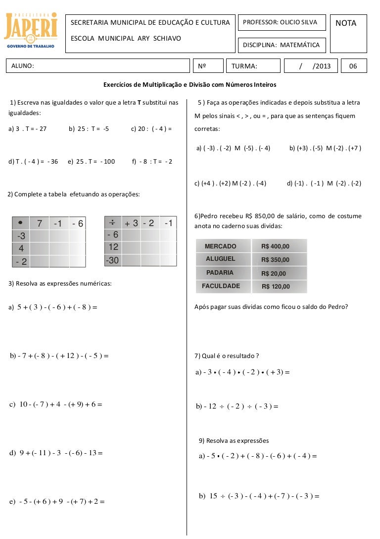 Lista (6) de exercícios de multiplicação e divisão