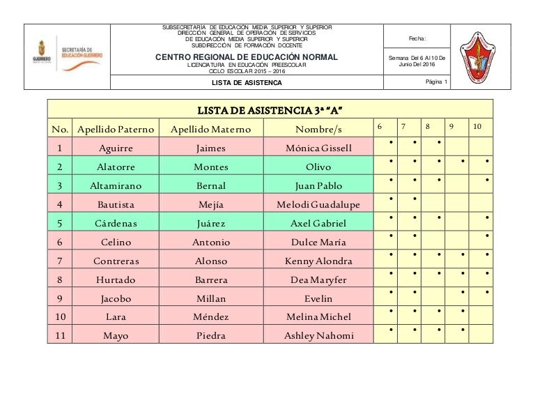 Lista de asistencia 3°a
