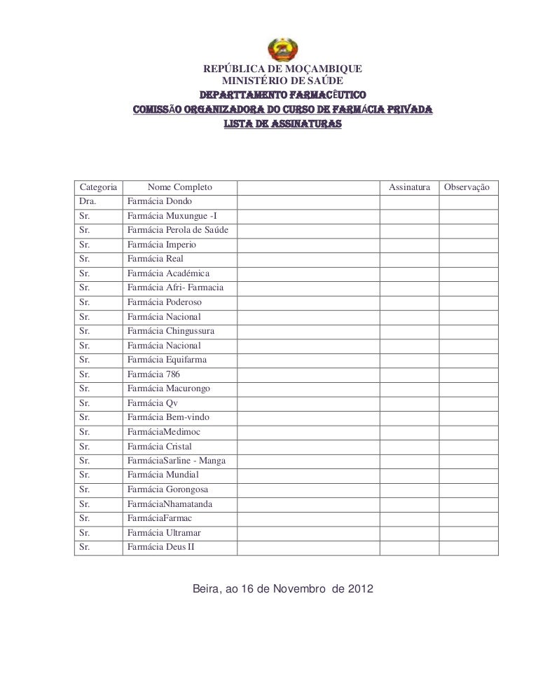 Lista de assinaturas Lista de assinaturas