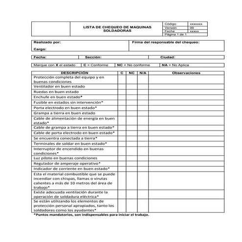 Lista de chequeo de maquinas soldadoras