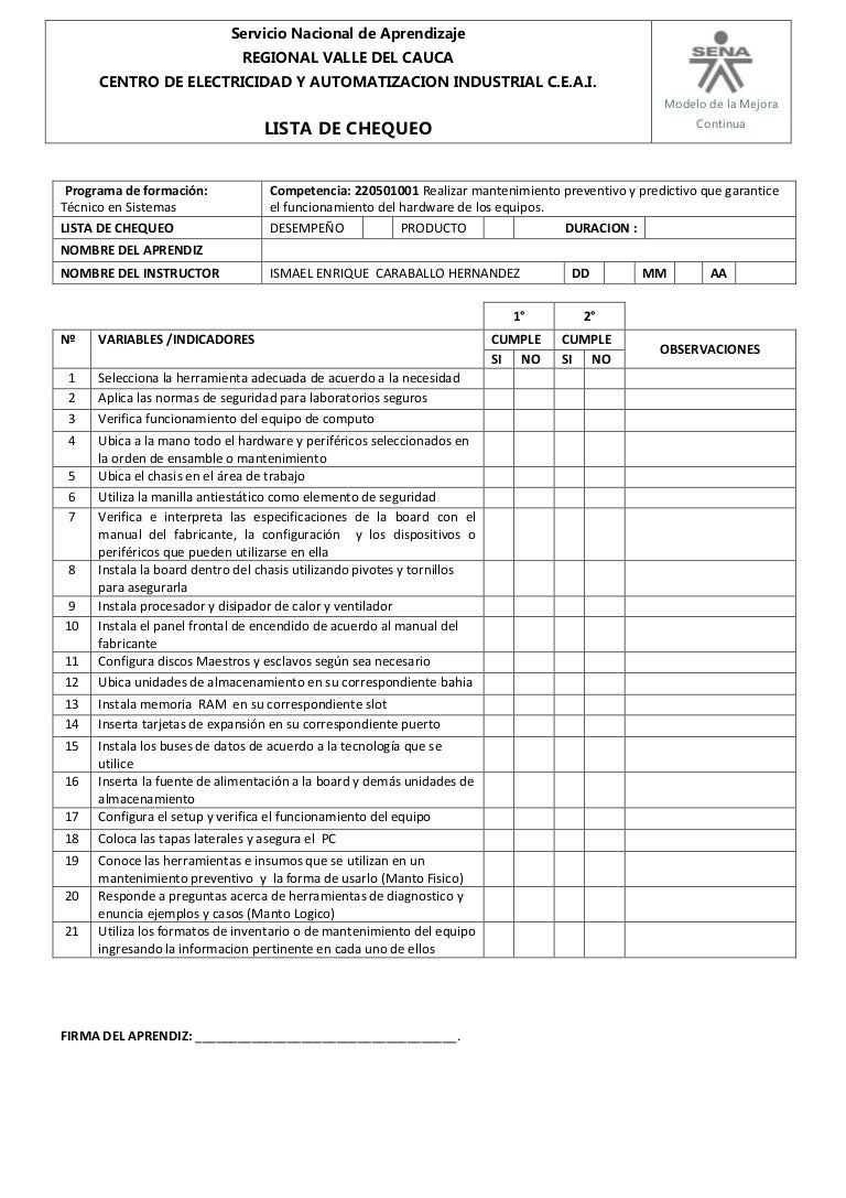 Lista de chequeo mantenimiento y ensamble
