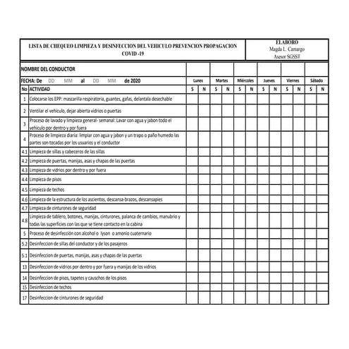 Lista de chequeo para verificar limpieza y desinfeccion de vehiculos