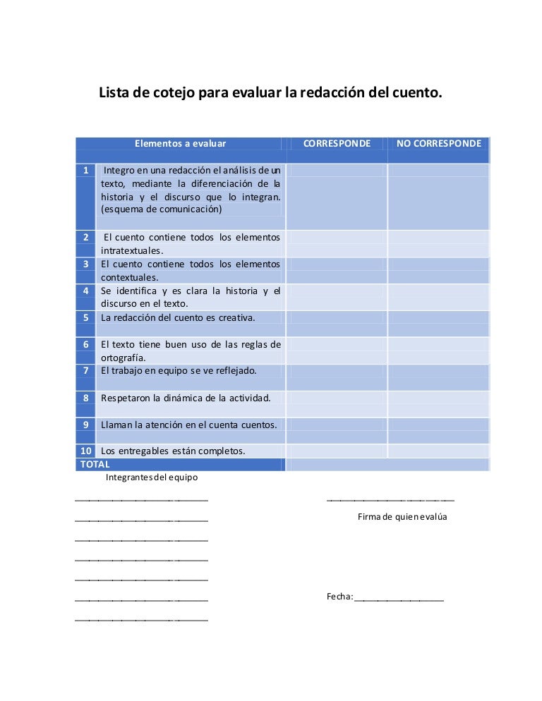Lista de cotejo redacción del cuento
