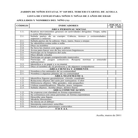 Lista de cotejo 3, 4 y 5 años