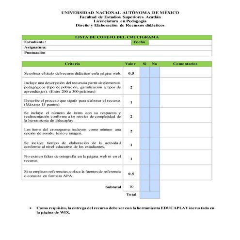 Lista de cotejo crucigrama