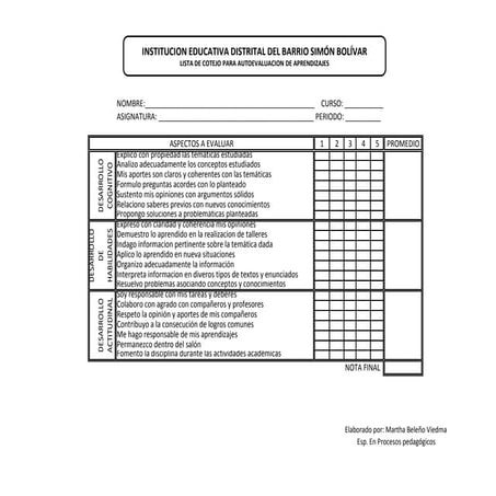 Lista de cotejo para autoevaluacion