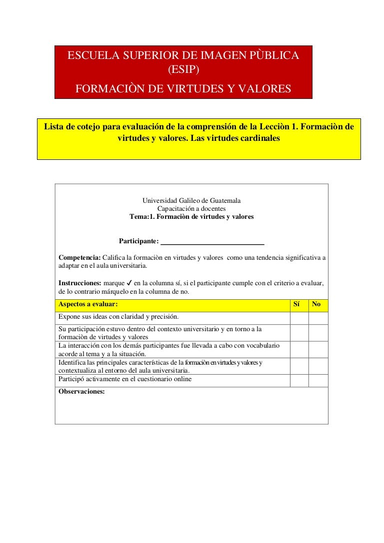 Lista De Cotejo Para Evaluaciòn Lecciòn 1 Virtudes Y Valores