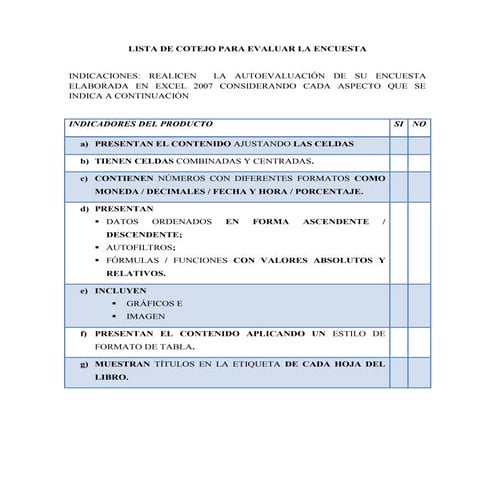 Lista de cotejo para evaluar la encuesta
