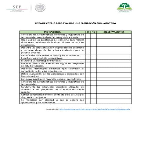 Lista de cotejo para evaluar una planeación argumentada