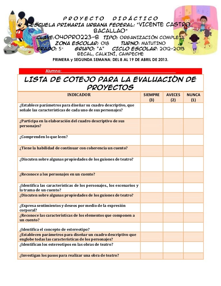 Lista De Cotejo Primera Y Segunda Semana Proyecto Areee