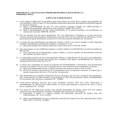 Lista de exercícios Calculos estatísticos