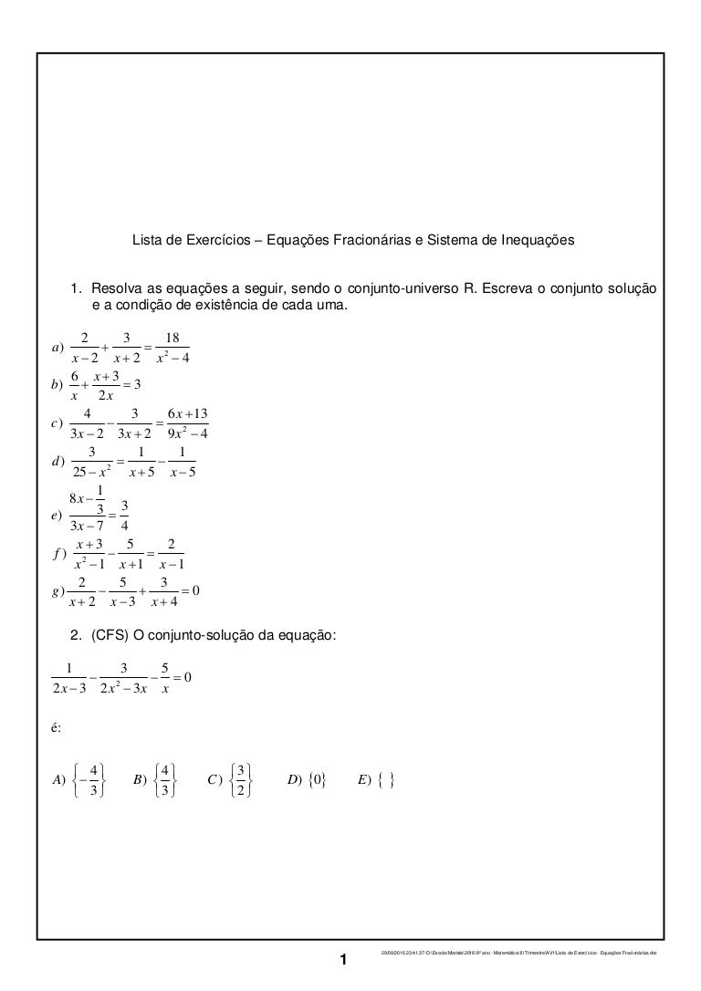 Lista de exercícios equações fracionárias e sistema de inequações