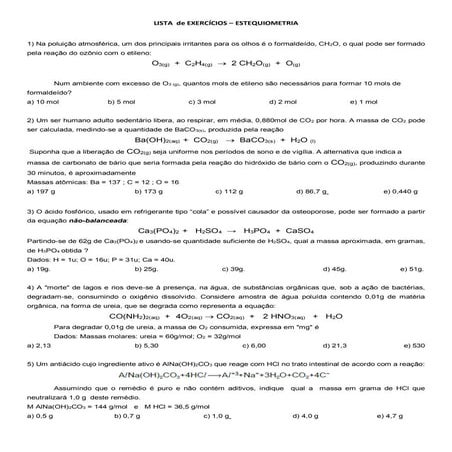 Lista de exercícios estequiometria | PDF
