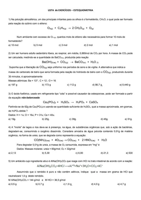 Lista de exercícios estequiometria | PDF