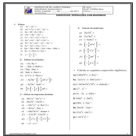 L ista de exercícios   operacoes com monômios