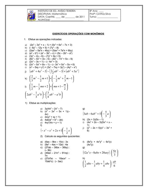 Mat utfrs 09. monomios e polinomios exercicios | PDF