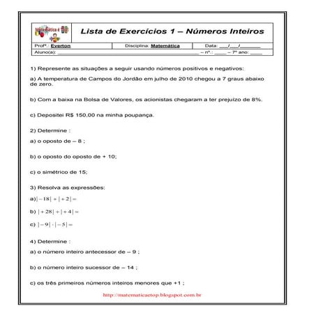 Lista de Exercícios 1 – Números Inteiros | PDF