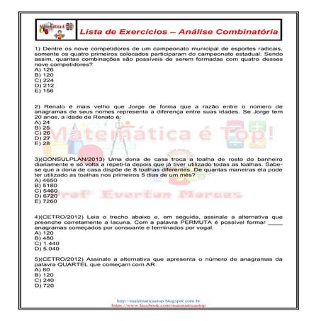 Apostila de 84 exercicios resolvidos de analise combinatória | PDF